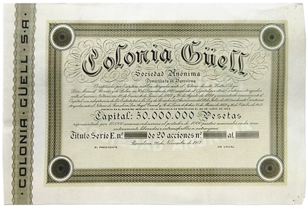 ACCION COLONIA GUELL, S.A. CAPITAL 50 MILLONES PTAS. 26 NOVIEMBRE 1957 BARCELONA.