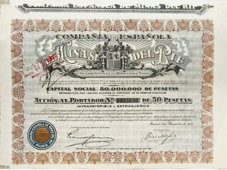 COMPAÑÍA ESPAÑOLA DE MINAS DEL RIF CAPITAL 80 MILLONES PTAS. ACCION Nº 1035630 DE 50 PTAS.