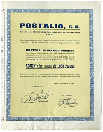 POSTALIA, S.A. MADRID. CAPITAL: 12.152.000 PTAS. ACCION Nº 0491 DE 1.000 PTAS. 12-2-1968