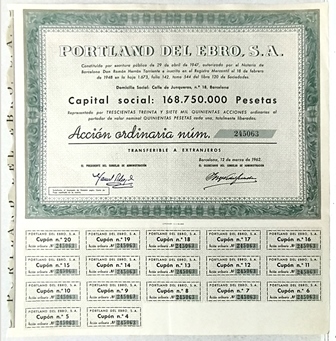 PORTLAND DEL EBRO, S.A. CAPITAL 168.750.000 PTAS.ACCION Nº 245063 BARCELONA MARZO 1962