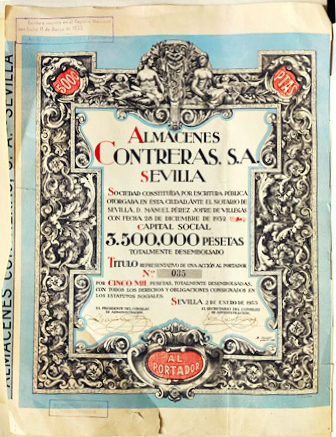ALMACENES CONTRERAS, S.A. SEVILLA CAPITAL 3.500.000 PTAS ACCION 035 5000 PTAS 1933