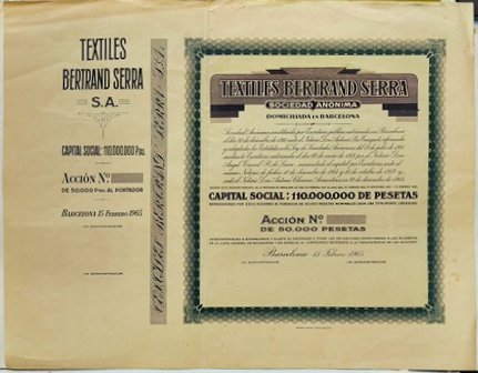 TEXTILES BERTRAND SERRA, S.A. CAPITAL 110 MILLONES PTAS. ACCION 50.000 PTAS. BARCELONA