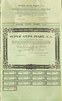 SUPER GYPS ISART, S.A. CAPITAL 8.400.000 PESETAS 10 ACCIONES DE 1000 PTAS. BARCELONA