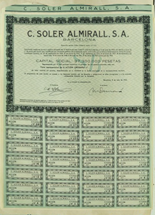 C. SOLER ALMIRALL, S.A. BARCELONA CAPITAL 97.300.000 PTAS. ACCION 1000 PTAS. 8 JULIO 1963