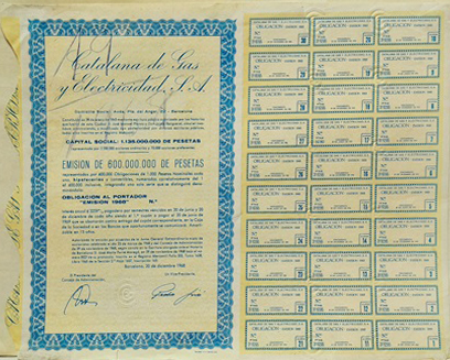 CATALANA DE GAS Y ELECTRICIDAD CAPITAL 1.135.000.000 PTAS. OBLIGACIONES 1000 PTAS.