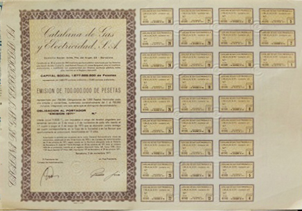 CATALANA DE GAS Y ELECTRICIDAD CAPITAL 1.877.889.500 PTAS. OBLIGACIONES 1000 PTAS.
