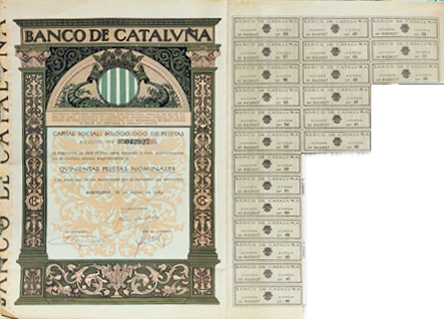 BANCO DE CATALUÑA CAPITAL 50 MILLONES PTAS. ACCION 042927 DE 500 PTAS.
