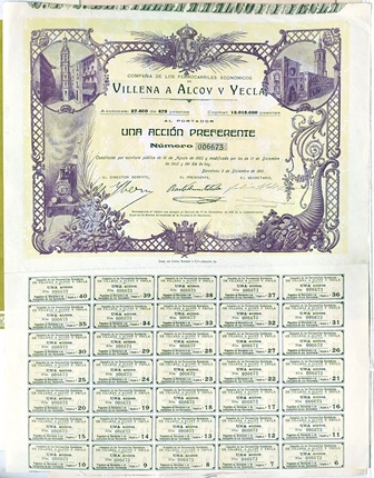 FERROCARRILES ECONOMICOS VILLENA A ALCOY Y YECLA CAPITAL 13.015.000 ACCION 006673 475 PTAS
