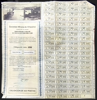 SOCIEDAD MINERA DE VALLADOLID. OBLIGACION DE 500 PTAS. Nº 2730, 80 CUPONES BILBAO 1921