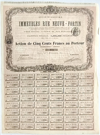 S.A.IMMEUBLES RUE NEUVE-FORTIN CAPITAL 1.600.000 FRANCS ACCION 50 CENTS. Nº 854 PARIS 1881