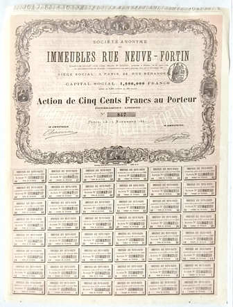 S.A.IMMEUBLES RUE NEUVE-FORTIN CAPITAL 1.600.000 FRANCS ACCION 50 CENTS. Nº 847 PARIS 1881