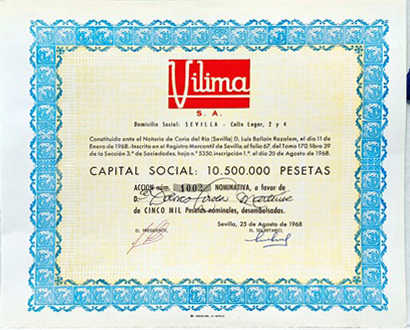 VILIMA, S.A. SEVILLA CAPITAL 10.500.000 PTAS. ACCION Nº 1002 DE  5000 PTAS. 25 AGOSTO 1968