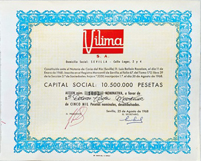 VILIMA, S.A. SEVILLA CAPITAL 10.500.000 PTAS. ACCION Nº 1003 DE  5000 PTAS. 25 AGOSTO 1968