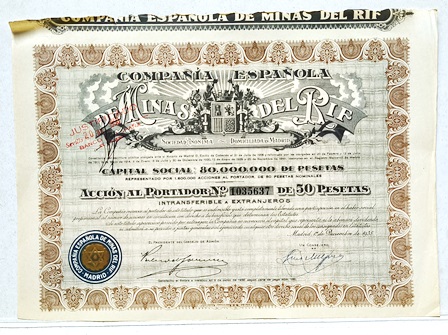 Cº.ESPAÑOLA DE MINAS DEL RIF CAPITAL 80 MILLONES PTAS. ACCION 1035637 DE 50 PTAS 1935