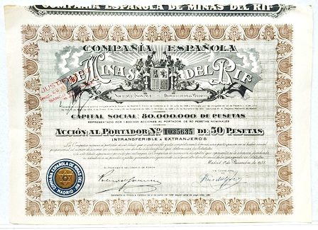 Cº.ESPAÑOLA DE MINAS DEL RIF CAPITAL 80 MILLONES PTAS. ACCION 1035635 DE 50 PTAS 1935
