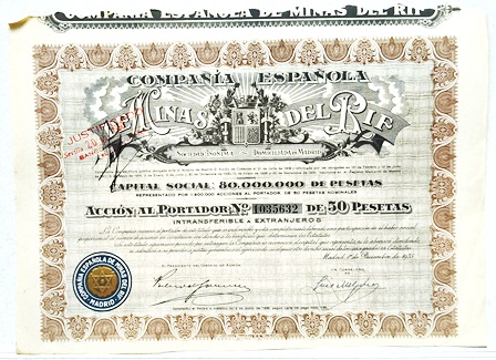 Cº.ESPAÑOLA DE MINAS DEL RIF CAPITAL 80 MILLONES PTAS. ACCION 1035632 DE 50 PTAS 1935