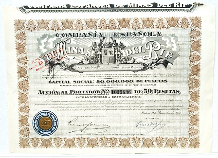 Cº.ESPAÑOLA DE MINAS DEL RIF CAPITAL 80 MILLONES PTAS. ACCION 1035636 DE 50 PTAS 1935