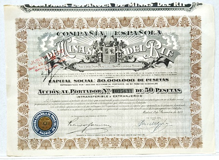 Cº.ESPAÑOLA DE MINAS DEL RIF CAPITAL 80 MILLONES PTAS. ACCION 1035633 DE 50 PTAS 1935