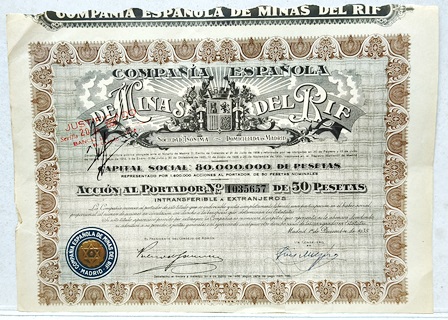 Cº.ESPAÑOLA DE MINAS DEL RIF CAPITAL 80 MILLONES PTAS. ACCION 1035657 DE 50 PTAS 1935