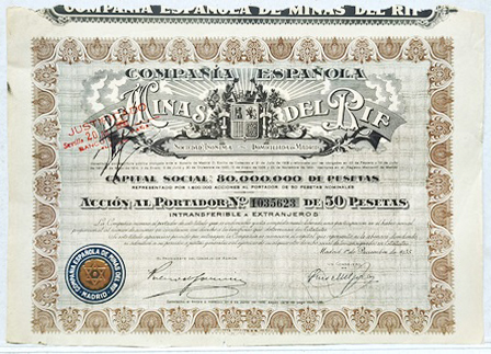 Cº.ESPAÑOLA DE MINAS DEL RIF CAPITAL 80 MILLONES PTAS. ACCION 1035623 DE 50 PTAS 1935