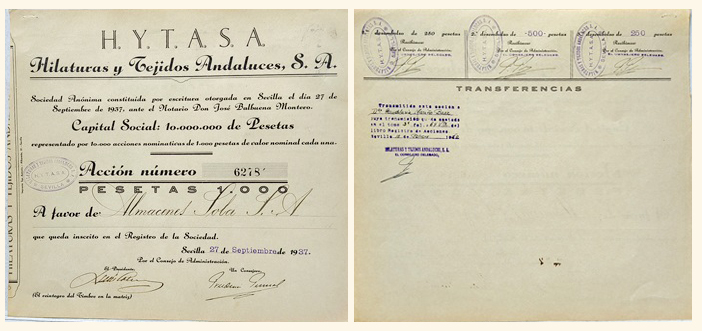 H.Y.T.A.S.A. HILATURAS Y TEJIDOS ANDALUCES, S.A. CAPITAL10 MILLONES PTAS. ACCION Nº 6278. AÑO 1937