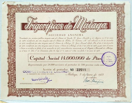 FRIGORIFICOS DE MALAGA S.A. CAPITAL14 MILLONES PTAS ACCION 500 PTAS Nº 22511 AÑO 1958