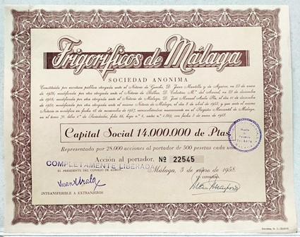 FRIGORIFICOS DE MALAGA S.A. CAPITAL14 MILLONES PTAS ACCION 500 PTAS Nº 22545 AÑO 1958