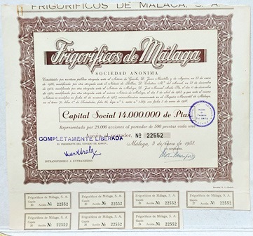 FRIGORIFICOS DE MALAGA S.A. CAPITAL14 MILLONES PTAS ACCION 500 PTAS Nº 22552 AÑO 1958