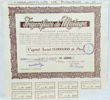 FRIGORIFICOS DE MALAGA S.A. CAPITAL14 MILLONES PTAS ACCION 500 PTAS Nº 22550 AÑO 1958