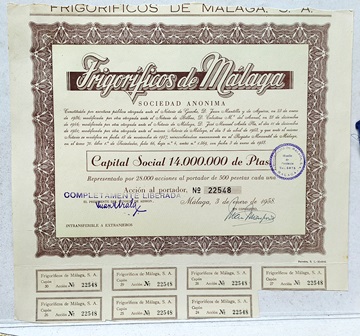 FRIGORIFICOS DE MALAGA S.A. CAPITAL14 MILLONES PTAS ACCION 500 PTAS Nº 22548 AÑO 1958