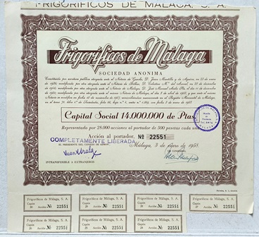 FRIGORIFICOS DE MALAGA S.A. CAPITAL14 MILLONES PTAS ACCION 500 PTAS Nº 22551 AÑO 1958