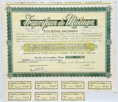 FRIGORIFICOS DE MALAGA S.A. CAPITAL 5 MILLONES PTAS ACCION 500 PTAS Nº 8559 AÑO 1951