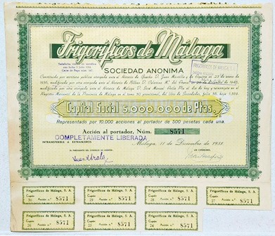 FRIGORIFICOS DE MALAGA S.A. CAPITAL 5 MILLONES PTAS ACCION 500 PTAS Nº 8571 AÑO 1951