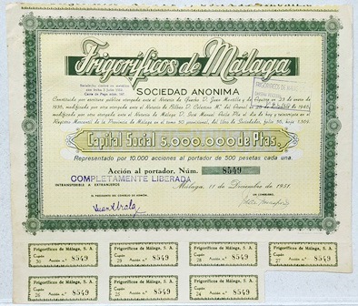 FRIGORIFICOS DE MALAGA S.A. CAPITAL 5 MILLONES PTAS ACCION 500 PTAS Nº 8549 AÑO 1951