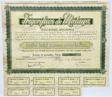 FRIGORIFICOS DE MALAGA S.A. CAPITAL 5 MILLONES PTAS ACCION 500 PTAS Nº 8474 AÑO 1951