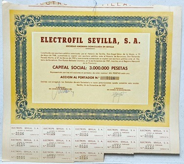 ELECTROFIL SEVILLA S.A. CAPITAL 3 MILLONES PTAS. ACCION Nº 2116 1000 PTAS SEVILLA 1957