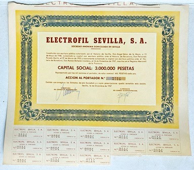 ELECTROFIL SEVILLA S.A. CAPITAL 3 MILLONES PTAS. ACCION Nº 2114 1000 PTAS SEVILLA 1957