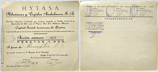 H.Y.T.A.S.A. HILATURAS Y TEJIDOS ANDALUCES, S.A. CAPITAL10 MILLONES PTAS. ACCION Nº 6279. AÑO 1937