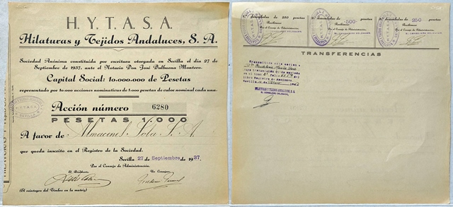 H.Y.T.A.S.A. HILATURAS Y TEJIDOS ANDALUCES, S.A. CAPITAL10 MILLONES PTAS. ACCION Nº 6280. AÑO 1937