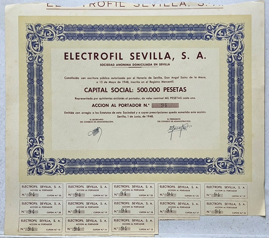 ELECTROFIL SEVILLA S.A. CAPITAL 5 MILLONES PTAS. ACCION Nº 4364 1000 PTAS SEVILLA 1963