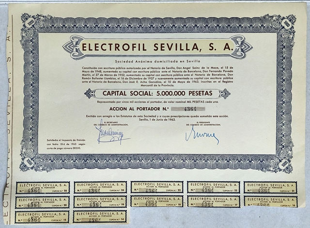 ELECTROFIL SEVILLA S.A. CAPITAL 5 MILLONES ACCIONES DE 1000 PTAS SEVILLA 1963