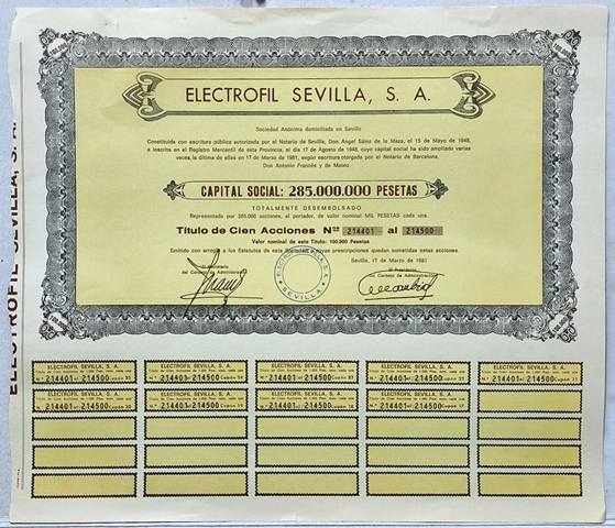 ELECTROFIL SEVILLA S.A. CAPITAL 285 MILLONES PTAS. ACCION DE 1000 PTAS SEVILLA 1981