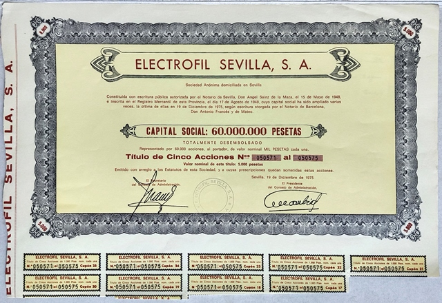 ELECTROFIL SEVILLA S.A. CAPITAL 60 MILLONES PTAS. ACCION DE 1000 PTAS SEVILLA 1975