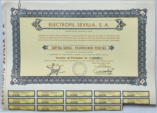 ELECTROFIL SEVILLA S.A. CAPITAL 15 MILLONES PTAS. ACCION DE 1000 PTAS SEVILLA 1968