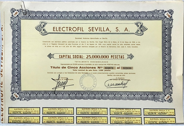 ELECTROFIL SEVILLA S.A. CAPITAL 25 MILLONES PTAS. ACCION DE 1000 PTAS SEVILLA 1968