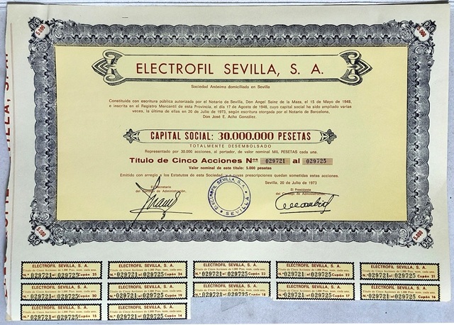 ELECTROFIL SEVILLA S.A. CAPITAL 30 MILLONES PTAS. ACCION DE 1000 PTAS SEVILLA 1973