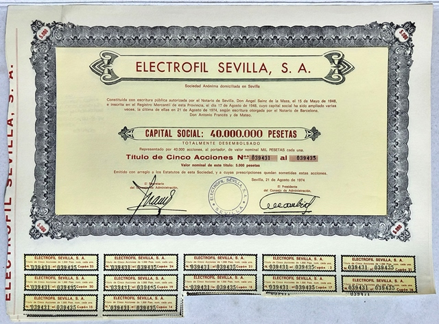 ELECTROFIL SEVILLA S.A. CAPITAL 40 MILLONES PTAS. ACCION DE 1000 PTAS SEVILLA 1974