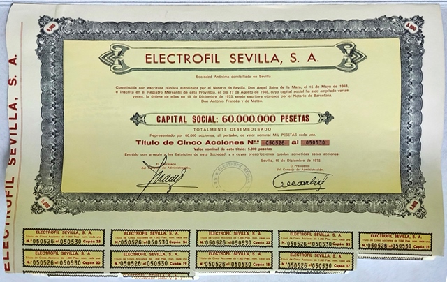 ELECTROFIL SEVILLA S.A. CAPITAL 60 MILLONES PTAS. ACCION DE 1000 PTAS SEVILLA 1975