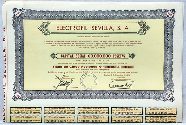 ELECTROFIL SEVILLA S.A. CAPITAL 60 MILLONES PTAS. ACCION DE 1000 PTAS SEVILLA 1975