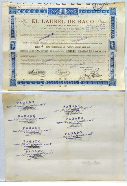 EL LAUREL DE PACO S.A.I.SERIE A 8398 OBLIGACIONES DE 500 PTAS CADA UNA MADRID 1925